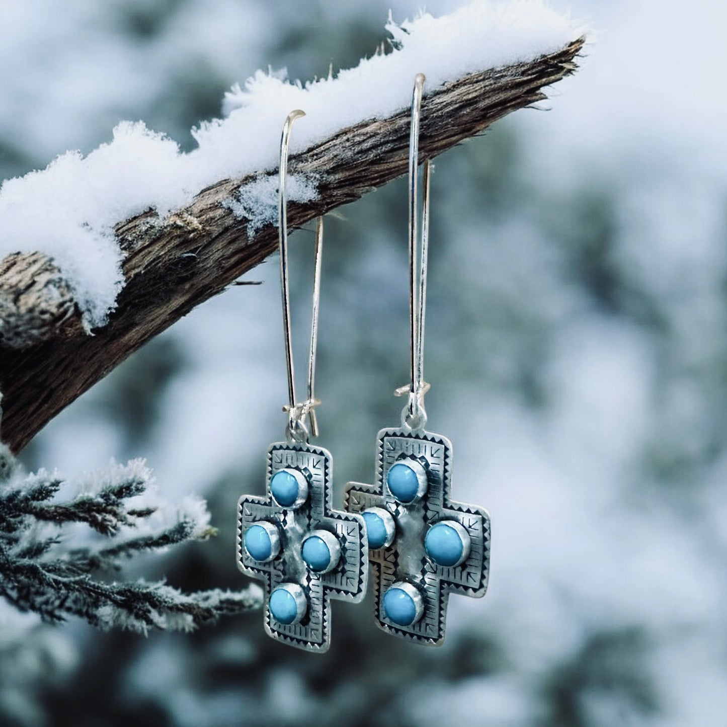 Winter Sky Cross Sterling Silver Earrings w/ Kingman Turquoise