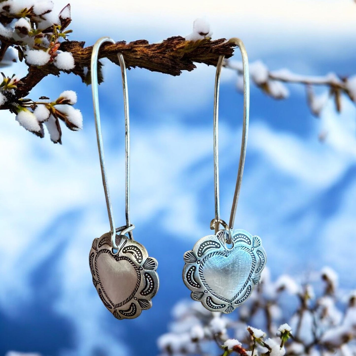 Summit Heart Brushed Sterling Silver Drop Earrings
