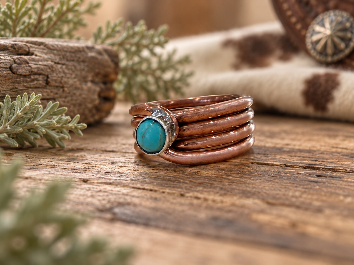 Navajo Yolanda Skeets Copper Turquoise Four Band Ring - Size 8