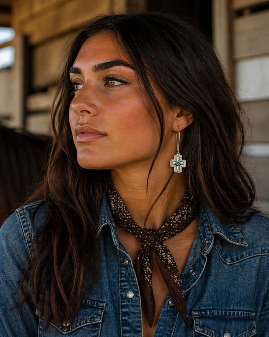 “The Mahogany Ridge” Turquoise and Sterling Silver Cross Earrings