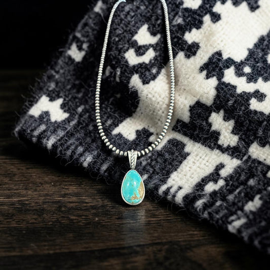 “The Challis”Turquoise & Sterling Silver Pendant
on 20” 3mm Sterling Silver Desert Pearls