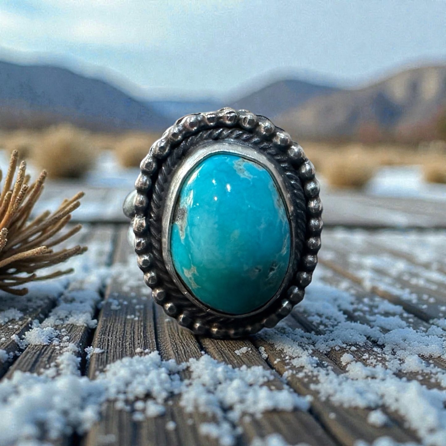 Pahsimeroi Winter Sky Ring by Artist Danny Henio (Navajo)Adjustable Turquoise and Sterling Silver Ring