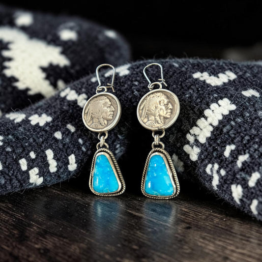 “The Old Buffalo” Kingman Turquoise Stone, Buffalo Nickel Accent and Set in Sterling Silver Earrings
