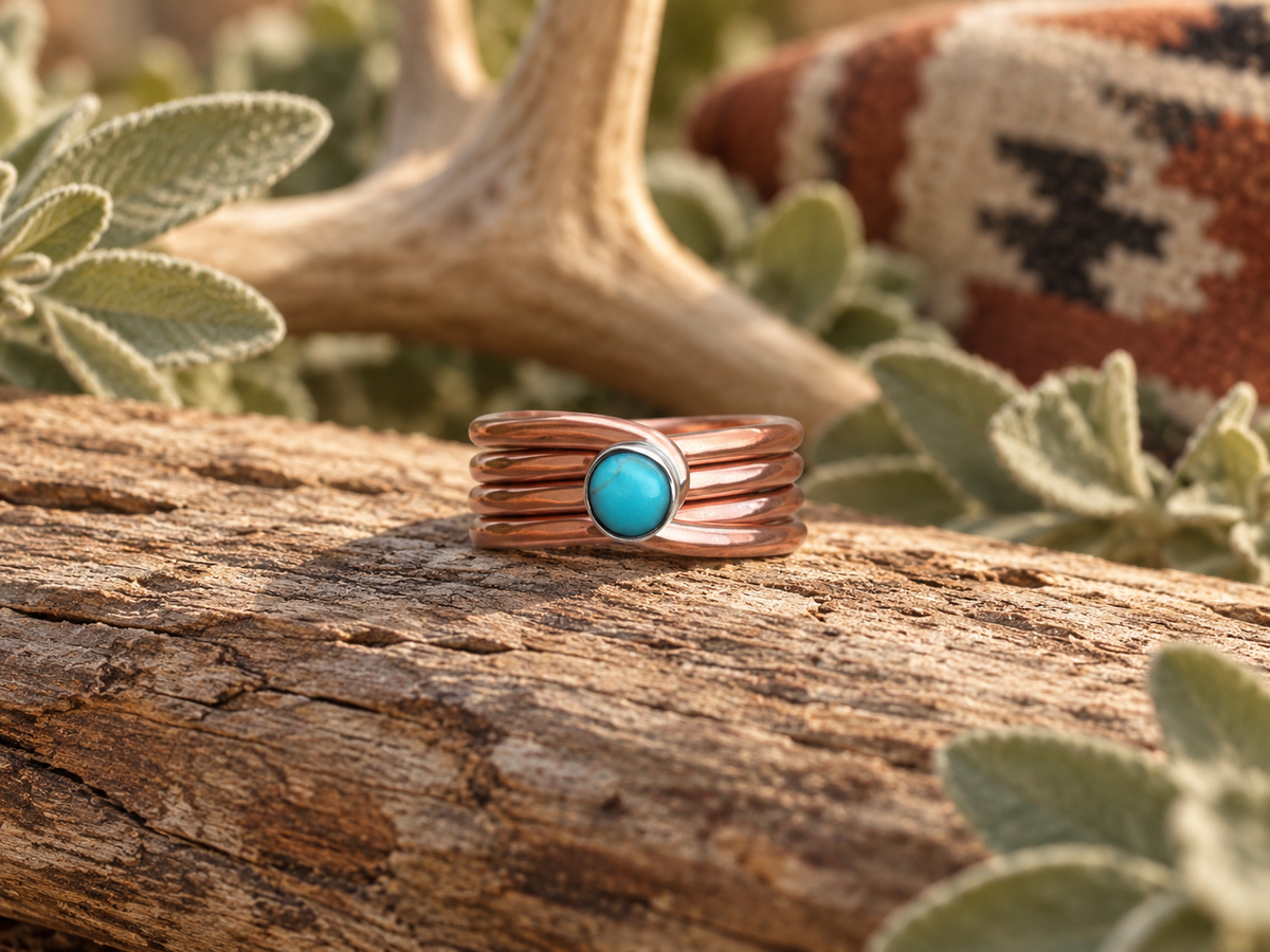 Navajo Yolanda Skeets Copper Turquoise Four Band Ring - Size 8